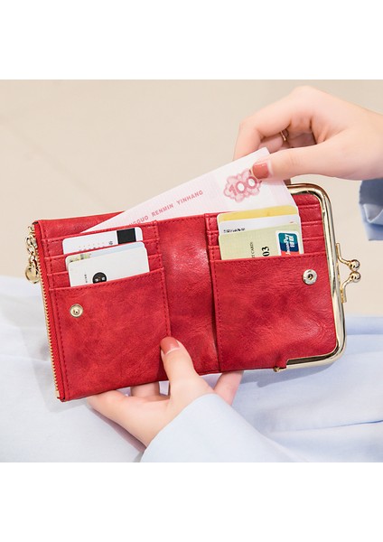 QB309 Kadınlar Cüzdan Ince Bifold Pu Deri Kart Torbası Vintage Para Çantası Fermuar ve Öpücük Kilidi (Yurt Dışından)