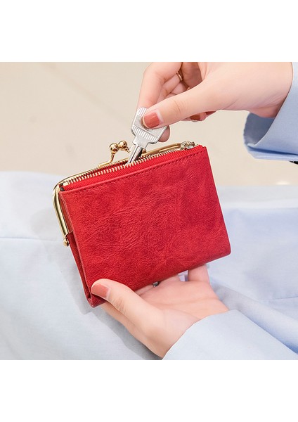 QB309 Kadınlar Cüzdan Ince Bifold Pu Deri Kart Torbası Vintage Para Çantası Fermuar ve Öpücük Kilidi (Yurt Dışından)