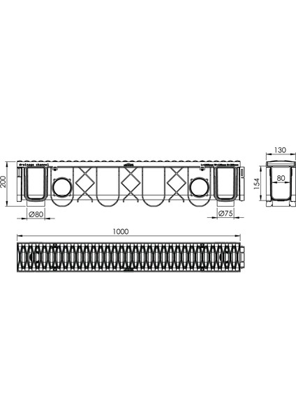 130X200X1000 mm Drenaj Kanalı / Plastik Izgara + Oluk + Tapa