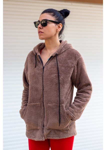 Kadın Vizon Peluş Kalın Fermuarlı Kapüşonlu Cepli Ceket 23KCKTMY50