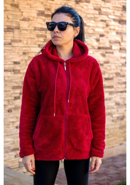 Kadın Kırmızı Peluş Yumoş Fermuarlı Kapüşonlu Cepli Welsoft Ceket 22KCKTERES