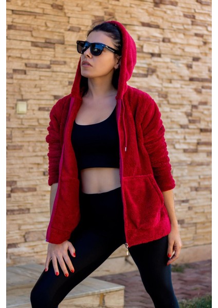 Kadın Kırmızı Peluş Yumoş Fermuarlı Kapüşonlu Cepli Welsoft Ceket 22KCKTERES modelleri
