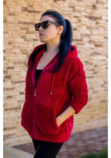 Kadın Kırmızı Peluş Yumoş Fermuarlı Kapüşonlu Cepli Welsoft Ceket 22KCKTERES fırsatları