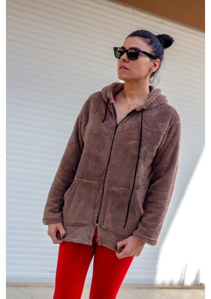 Kadın Vizon Peluş Kalın Fermuarlı Kapüşonlu Cepli Ceket 23KCKTMY50 fırsatları