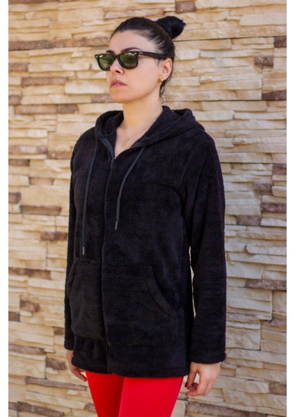 Kadın Siyah Peluş Kalın Fermuarlı Kapüşonlu Cepli Ceket 23KCKTMY50 modelleri