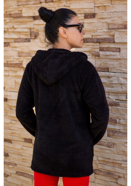 Kadın Siyah Peluş Kalın Fermuarlı Kapüşonlu Cepli Ceket 23KCKTMY50 indirimleri