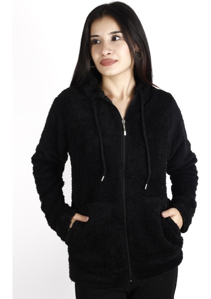 Kadın Siyah Peluş Yumoş Fermuarlı Kapüşonlu Cepli Welsoft Ceket 22KCKTERES