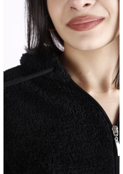 Kadın Siyah Peluş Yumoş Fermuarlı Kapüşonlu Cepli Welsoft Ceket 22KCKTERES modelleri