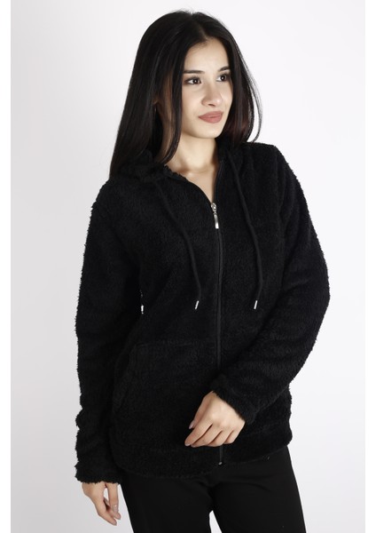 Kadın Siyah Peluş Yumoş Fermuarlı Kapüşonlu Cepli Welsoft Ceket 22KCKTERES fırsatları