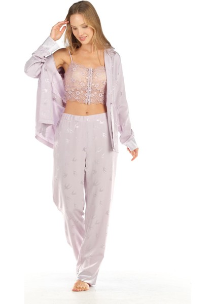 Kadın 3 Lü Dantel Büstiyerli Jakarlı Saten Lila Pijama Takımı 4C8T0N4