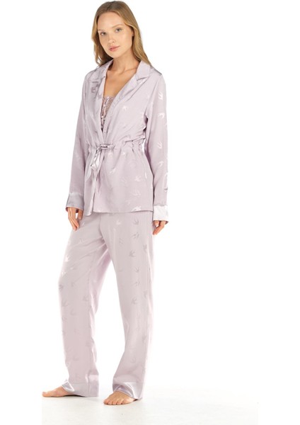Kadın 3 Lü Dantel Büstiyerli Jakarlı Saten Lila Pijama Takımı 4C8T0N4