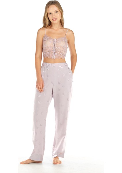 Kadın 3 Lü Dantel Büstiyerli Jakarlı Saten Lila Pijama Takımı 4C8T0N4