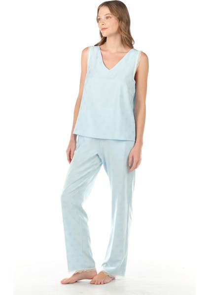 Kadın Sıfır Kol Mavi Pijama Takımı 4C8T4N5