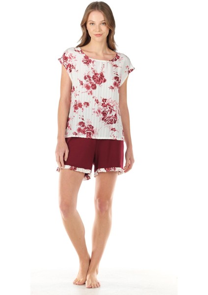 Kadın Kısa Kol Bordo Şortlu Pijama Takımı 4C8T4N1