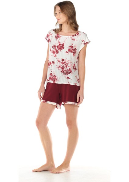 Kadın Kısa Kol Bordo Şortlu Pijama Takımı 4C8T4N1