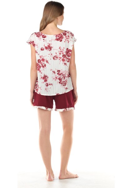 Kadın Kısa Kol Bordo Şortlu Pijama Takımı 4C8T4N1