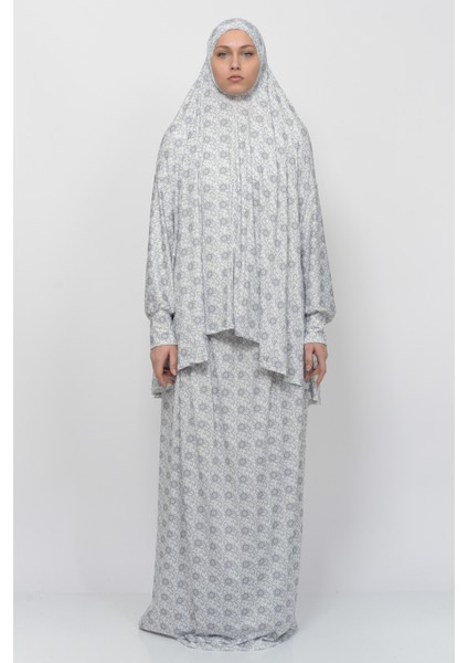 Pratik Iki Parça Güneş Desenli Yarasa Kollu Başörtülü Likralı Tesettür Namaz Elbisesi 992-0307