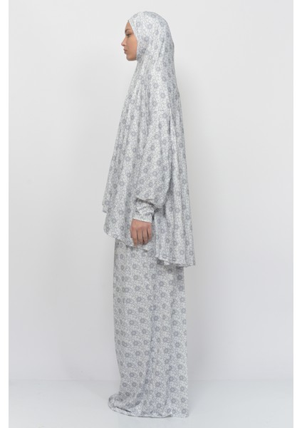 Pratik Iki Parça Güneş Desenli Yarasa Kollu Başörtülü Likralı Tesettür Namaz Elbisesi 992-0307 fiyatları