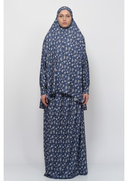 Pratik Iki Parça Çiçek Desenli Yarasa Kollu Başörtülü Likralı Tesettür Namaz Elbisesi 992-0213