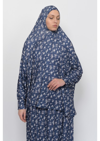 Pratik Iki Parça Çiçek Desenli Yarasa Kollu Başörtülü Likralı Tesettür Namaz Elbisesi 992-0213 indirimleri