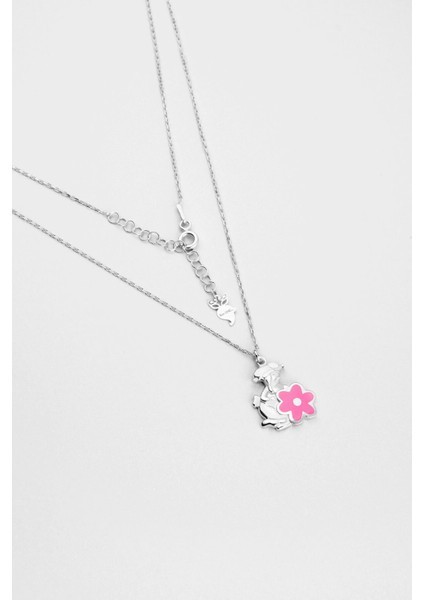 Pembe Çiçek 18 Ayar Beyaz Altın Kaplama 33 cm Gümüş Çocuk Kolye