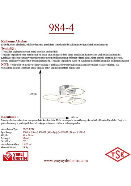 984-4 4lü Plofonyer LED Avize(Beyaz Işık -Sarı Işık - Gün Işığı) modelleri