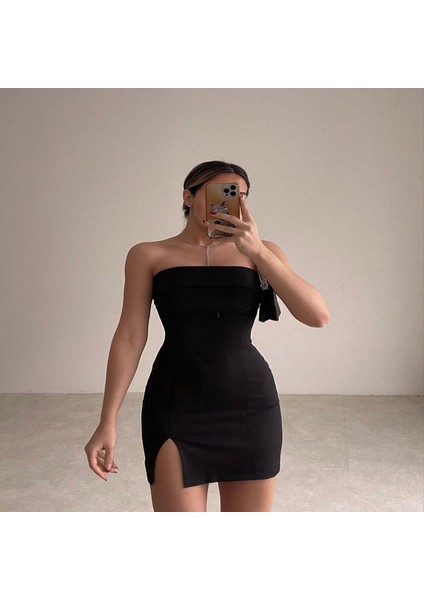 Straplez Yırtmaçlı Mini Elbise