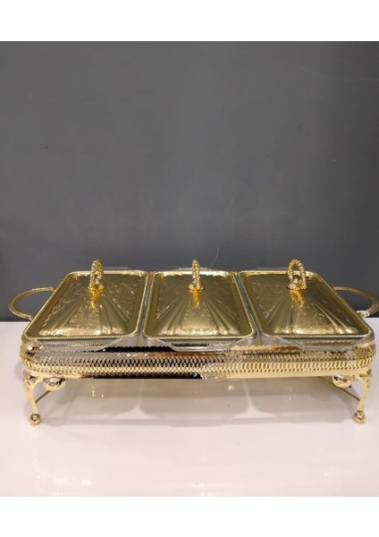 Queen Anne Altın Altın Kaplama Üç Bölmeli Isıtıcılı Yemek Servis 51X26X18 cm