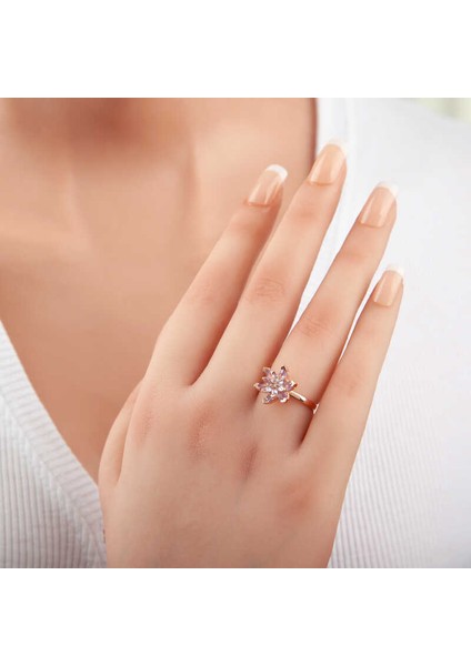 Gümüş Rose Lila Taşlı Lotus Çiçeği Kadın Yüzük