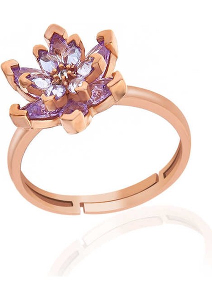 Gümüş Rose Lila Taşlı Lotus Çiçeği Kadın Yüzük fiyatları