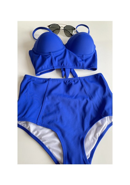 Saks Mavisi Yüksek Bel Bikini Alt Üst Takım