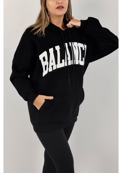 Kadın Sweatshirt Kapüşonlu Baskılı Üç Iplik