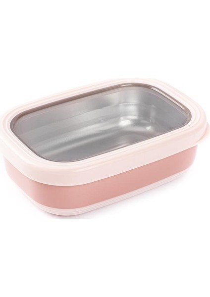 Pembe Paslanmaz Çelik Dikdörtgen Yemek Taşıma Kabı 470 ml Çift Katlı Yapı
