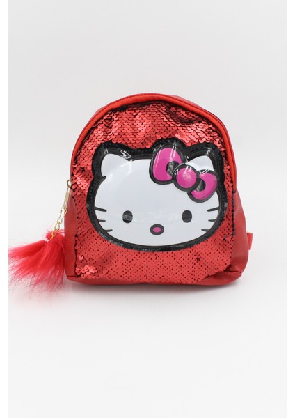 039 3005 Hello Kitty Kedicikli Payetli Işıklı Kırmızı Sırt Çantası