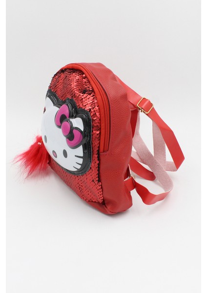 039 3005 Hello Kitty Kedicikli Payetli Işıklı Kırmızı Sırt Çantası