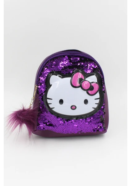 039 3005 Hello Kitty Kedicikli Payetli Işıklı Mor Sırt Çantası