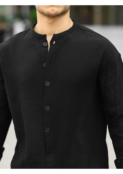 Yarım Pat Hakim Yaka Oversize Müslin Kumaş Gömlek - Siyah fiyatları