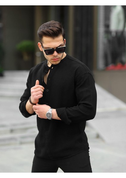 Yarım Pat Hakim Yaka Oversize Müslin Kumaş Gömlek - Siyah modelleri