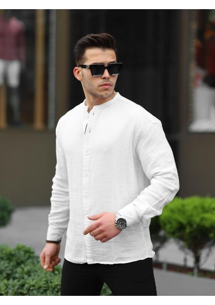 Yarım Pat Hakim Yaka Oversize Müslin Kumaş Gömlek - Beyaz modelleri