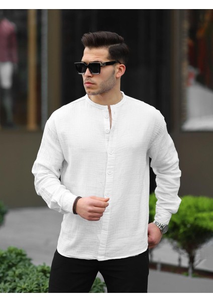 Yarım Pat Hakim Yaka Oversize Müslin Kumaş Gömlek - Beyaz