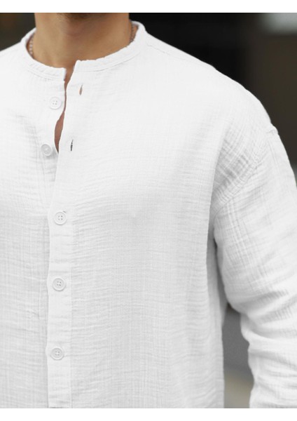 Yarım Pat Hakim Yaka Oversize Müslin Kumaş Gömlek - Beyaz fiyatları