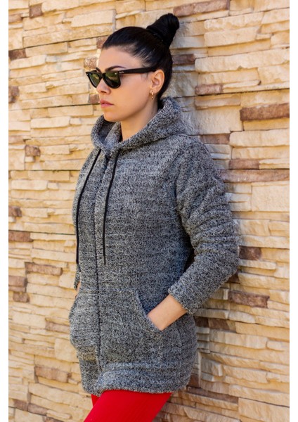 Kadın Gri Peluş Kalın Fermuarlı Kapüşonlu Cepli Ceket 23KCKTMY50 fiyatları