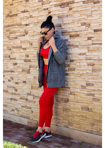 Kadın Gri Peluş Kalın Fermuarlı Kapüşonlu Cepli Ceket 23KCKTMY50 modelleri