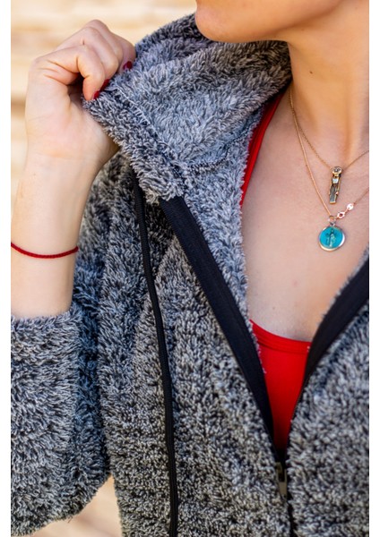 Kadın Gri Peluş Kalın Fermuarlı Kapüşonlu Cepli Ceket 23KCKTMY50 indirimleri