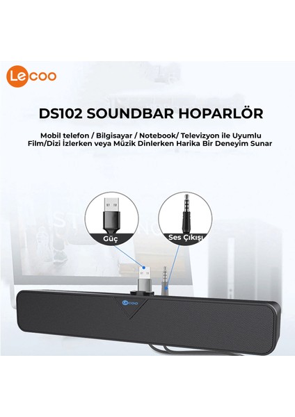 DS102 Bluetooth + Kablolu BT/USB/AUX Stereo 6W Soundbar Taşınabilir Hoparlör Siyah