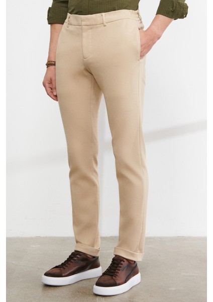 ALTINYILDIZ CLASSICS Erkek Bej Slim Fit Dar Kesim Diyagonal Desenli Esnek Beli Bağlamalı Jogger Pantolon
