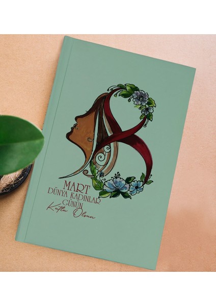 8 Mart Tasarımlı Yeşil Sert Kapaklı Defter ve Middle Kupa Seti, Arkadaşa Hediye, Yeni Iş Hediyesi, Doğum Günü Hediyesi-1 modelleri