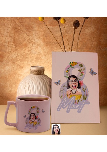 8 Mart Karikatürlü Pudra Pembesi Sert Kapaklı Defter ve Middle Kupa Seti, Arkadaşa Hediye, Yeni Iş Hediyesi, Doğum Günü Hediyesi-3