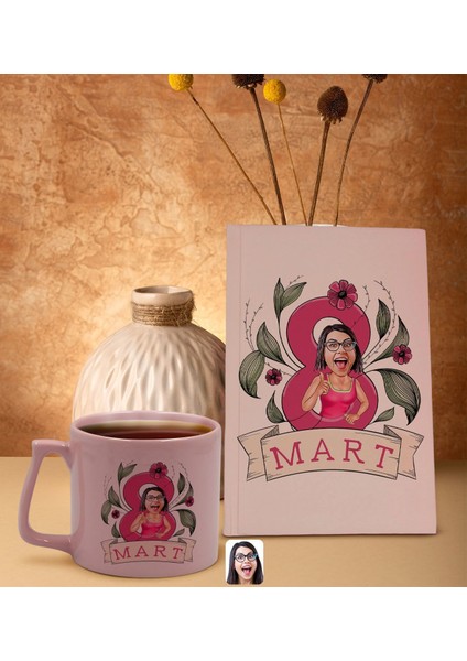 8 Mart Karikatürlü Pudra Pembesi Sert Kapaklı Defter ve Middle Kupa Seti, Arkadaşa Hediye, Yeni Iş Hediyesi, Doğum Günü Hediyesi-2