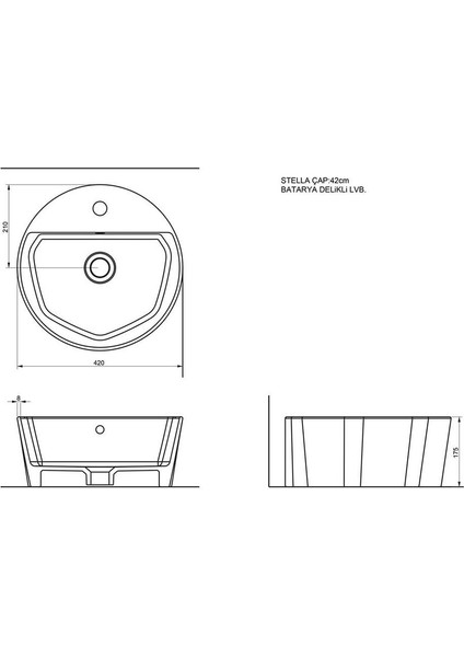 Stella Tezgah Üstü Yuvarlak Batarya Delikli Lavabo 42 cm